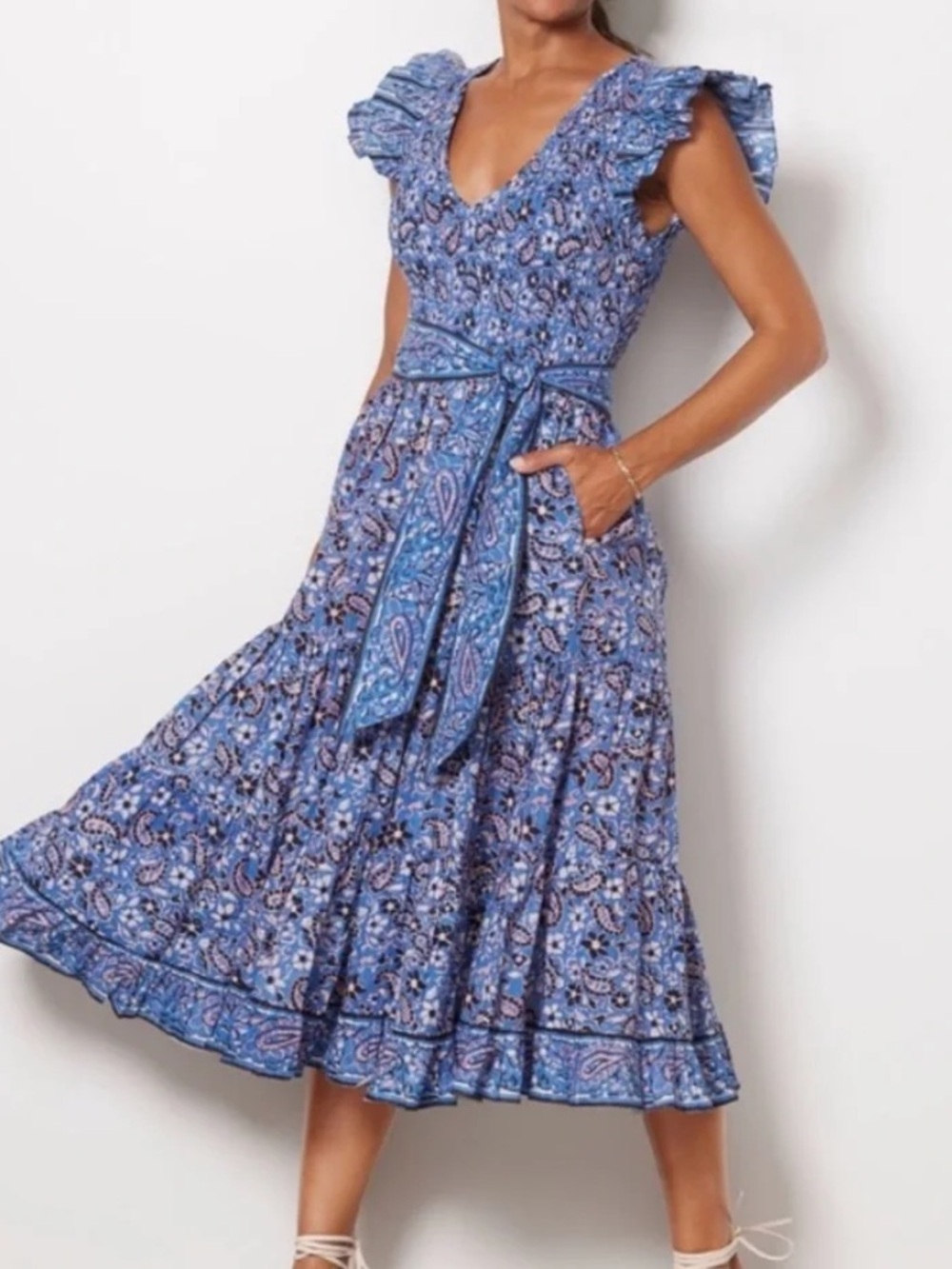 Cleobella Autumn Midi Dress blue paisley print smocked bodice flutter sleeves XS